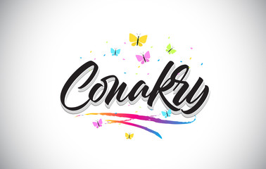 Conakry Handwritten Vector Word Text with Butterflies and Colorful Swoosh.
