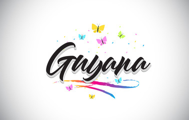 Guyana Handwritten Vector Word Text with Butterflies and Colorful Swoosh.