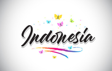 Indonesia Handwritten Vector Word Text with Butterflies and Colorful Swoosh.