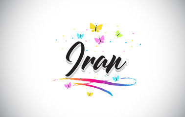 Iran Handwritten Vector Word Text with Butterflies and Colorful Swoosh.