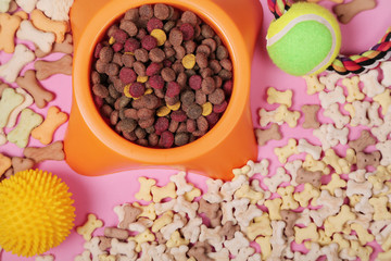 Flat lay composition with accessories for dog and cat, toys, dry food, biscuits, cookies, pet food.