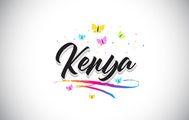Obraz premium Kenya Handwritten Vector Word Text with Butterflies and Colorful Swoosh.