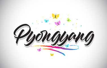 Pyongyang Handwritten Vector Word Text with Butterflies and Colorful Swoosh.