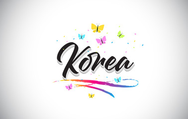 Korea Handwritten Vector Word Text with Butterflies and Colorful Swoosh.
