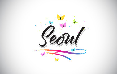 Seoul Handwritten Vector Word Text with Butterflies and Colorful Swoosh.