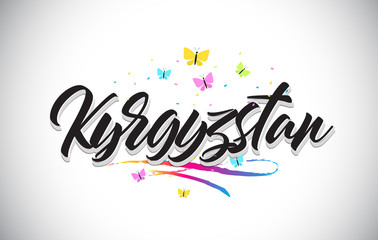 Kyrgyzstan Handwritten Vector Word Text with Butterflies and Colorful Swoosh.