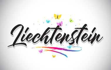Liechtenstein Handwritten Vector Word Text with Butterflies and Colorful Swoosh.