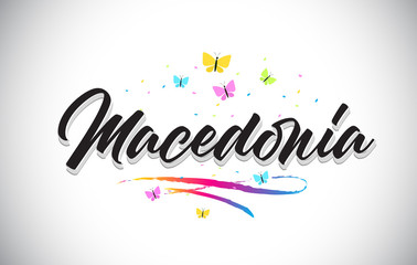 Macedonia Handwritten Vector Word Text with Butterflies and Colorful Swoosh.
