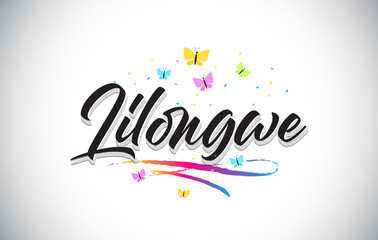 Lilongwe Handwritten Vector Word Text with Butterflies and Colorful Swoosh.