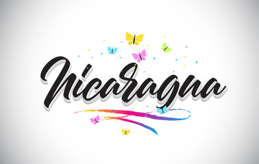 Nicaragua Handwritten Vector Word Text with Butterflies and Colorful Swoosh.