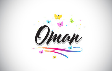 Oman Handwritten Vector Word Text with Butterflies and Colorful Swoosh.