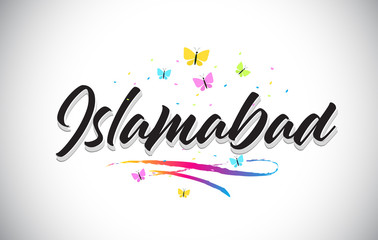 Naklejka premium Islamabad Handwritten Vector Word Text with Butterflies and Colorful Swoosh.