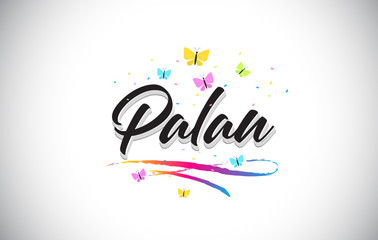 Palau Handwritten Vector Word Text with Butterflies and Colorful Swoosh.