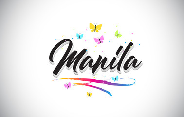Manila Handwritten Vector Word Text with Butterflies and Colorful Swoosh.