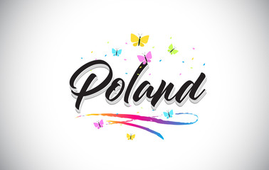 Poland Handwritten Vector Word Text with Butterflies and Colorful Swoosh.
