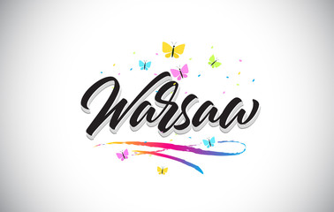 Warsaw Handwritten Vector Word Text with Butterflies and Colorful Swoosh.
