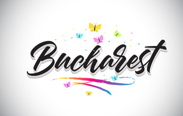 Bucharest Handwritten Vector Word Text with Butterflies and Colorful Swoosh.