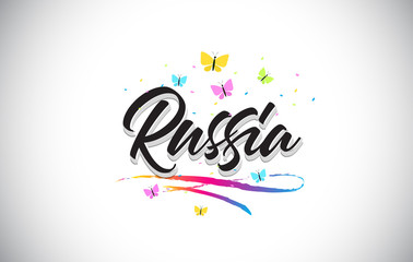 Fototapeta na wymiar Russia Handwritten Vector Word Text with Butterflies and Colorful Swoosh.