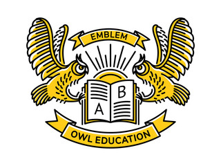 Owl and book vector emblem, illustration, logo for education, schools, universities  in linear style