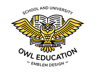 Owl and book vector emblem, illustration, logo for education, schools, universities  in linear style