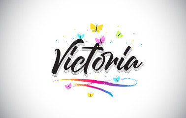 Fototapeta na wymiar Victoria Handwritten Vector Word Text with Butterflies and Colorful Swoosh.