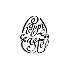egg shaped Happy Easter phrase. design element for greeting card, banner, invitation, postcard, vignette, flyer. black and white vector illustration. handwritten text calligraphic slogan