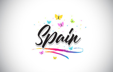 Spain Handwritten Vector Word Text with Butterflies and Colorful Swoosh.