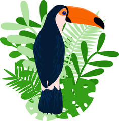 toucan on a background of green leaves - vector illustration, eps
