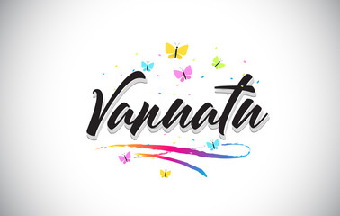 Naklejka premium Vanuatu Handwritten Vector Word Text with Butterflies and Colorful Swoosh.