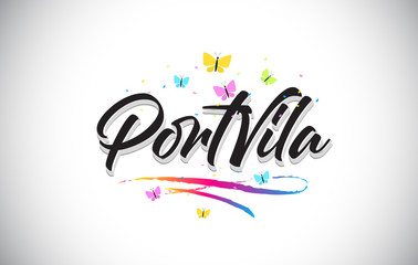 PortVila Handwritten Vector Word Text with Butterflies and Colorful Swoosh.