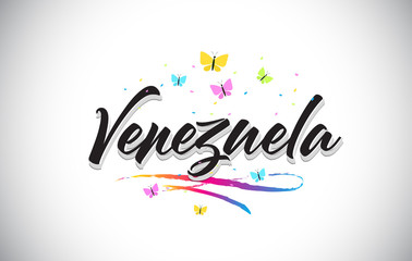 Venezuela Handwritten Vector Word Text with Butterflies and Colorful Swoosh.