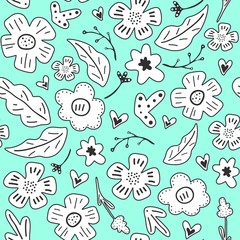 Spring flowers. Vector seamless pattern with flowers, leaves and hearts. Fresh pattern for home decor. Seamless pattern can be used for pattern fills, web page background, surface textures.