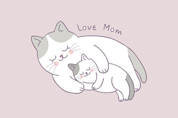 Cartoon cute mom and baby cat sleeping vector.