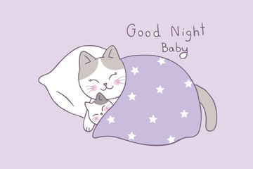 Cartoon cute mom and baby cat sleeping vector.