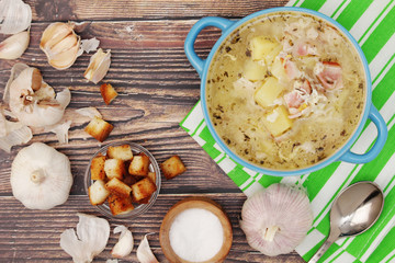 A bowl with traditional Czech garlic soup cesnecka