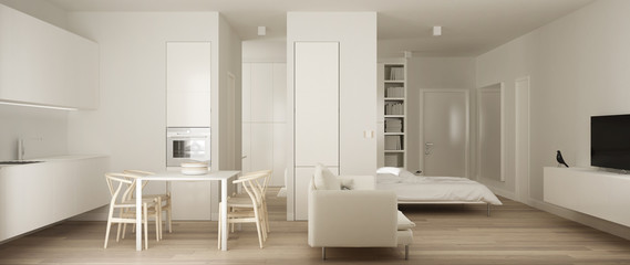 Panoramic view of one room apartment, minimalist white small kitchen with parquet floor and dining table and sofa murphy bed, interior design, contemporary architecture concept idea