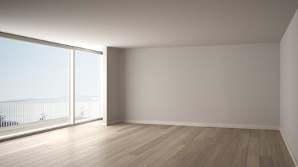 Empty room interior design, open space with big panoramic window, balcony on sea panoramic view, parquet wooden floor, modern contemporary architecture