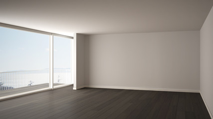 Empty room interior design, open space with big panoramic window, balcony on sea panoramic view, parquet wooden floor, modern contemporary architecture