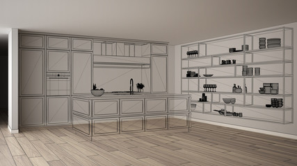 Empty white interior with parquet floor, custom architecture design project, black ink sketch, blueprint showing classic kitchen