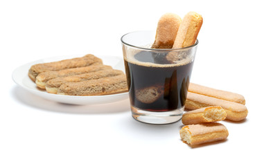 Italian Savoiardi Biscuits and coffee isolated on white with clipping path