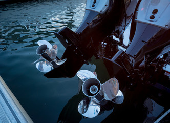 Engine. Speed boat engine with propeller details - obrazy, fototapety, plakaty