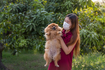 Young girl wear protection medical mask and holding brown pomeranian dog in the garden prevent dog allergies, Health care with pet and natural