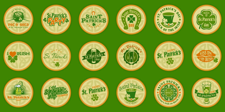 Saint Patricks day logo round labels icon set. Template for beer party invitation in bar or pub