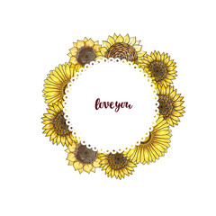 Vector delicate greeting card with sunflower and gerbera flower for wedding, marriage, bridal, birthday, Valentine's day. Floral border with sketch colorful blossoms. Frame with hand drawn flowers