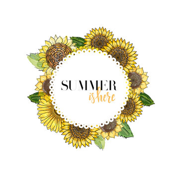 round white frame with lettering decorated with flowers gerbera and sunflowers, sketch vector graphic color illustration on white background. Summer is here hand drawn quote.