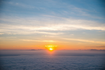 Naklejka premium Mountain panorama during sunrise. Beautiful natural panoramic landscape in the summer time