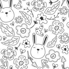 Wandcirkels plexiglas Spring flowers. Vector seamless pattern with flowers, leaves and rabbits. Fresh pattern for home decor. Seamless pattern can be used for pattern fills, web page background, surface textures. © Natalia