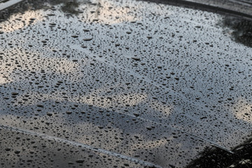 Raindrops on the hood of a black car