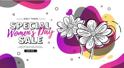 Modern Template design for 8 march event.  Promotion banner  for international women's day offer with flower decoration.  Line illustration blossom floral with abstract geometric shape sale. Vector