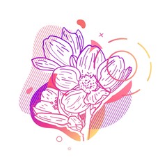 Template design print with flower line. Poster with modern abstract gradient shape with sakura blossom.  Illustration for t-shirt,  summer and spring banner. Vector